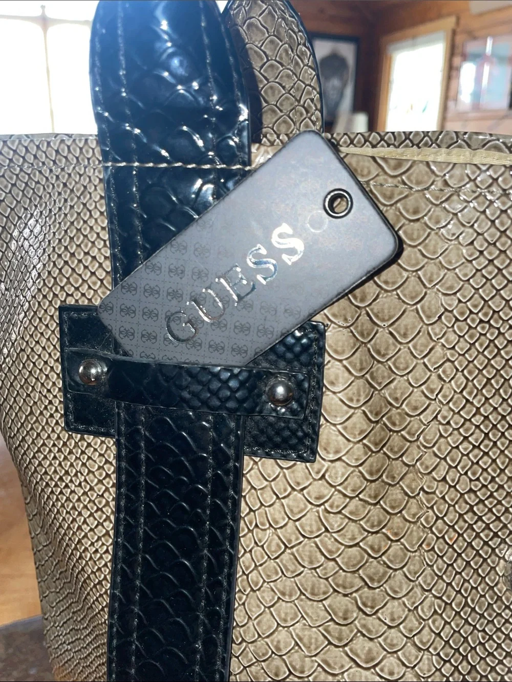 NEW GUESS Black and Cream Faux-Snakeskin Tote Bag with Decorative Buckle